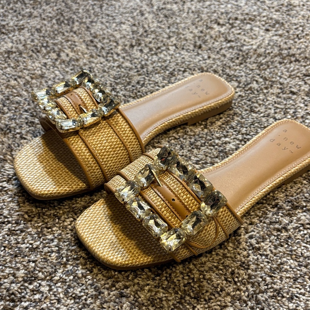 a new day Gold Tan Jeweled Slide Sandals